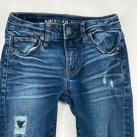 American Eagle Jeans Women Size 00 Blue Skinny High Rise Distressed 5 Pockets - Picture 3 of 14